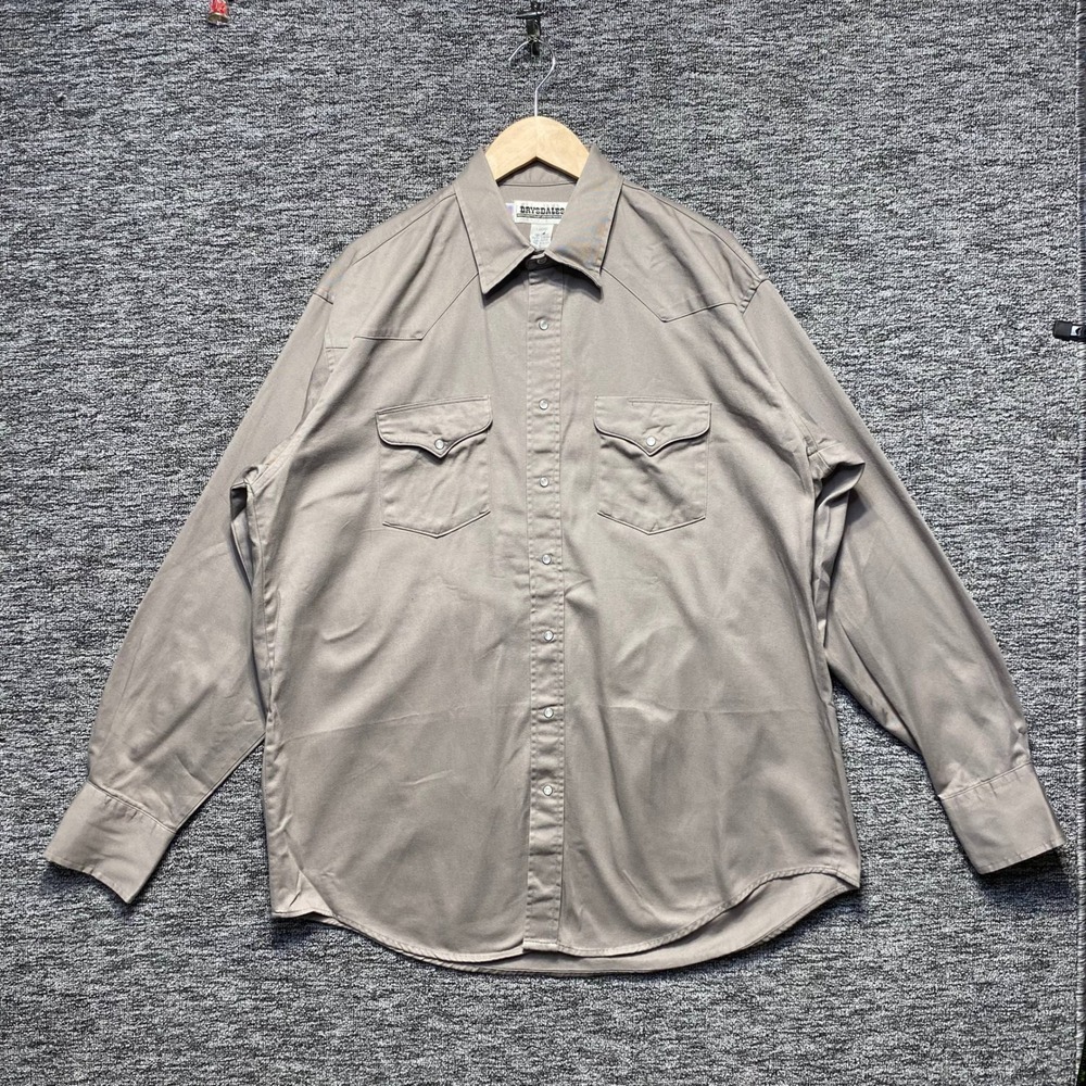 Vtg Drysdales Pearl Snap Shirt Mens Large Tan Western Yoke USA Made Long Sleeve